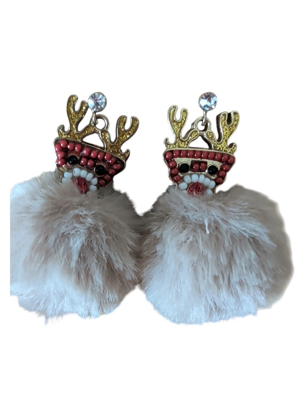 Gold Antler Earrings with Pink Bead Accents and Cream Pom Poms
